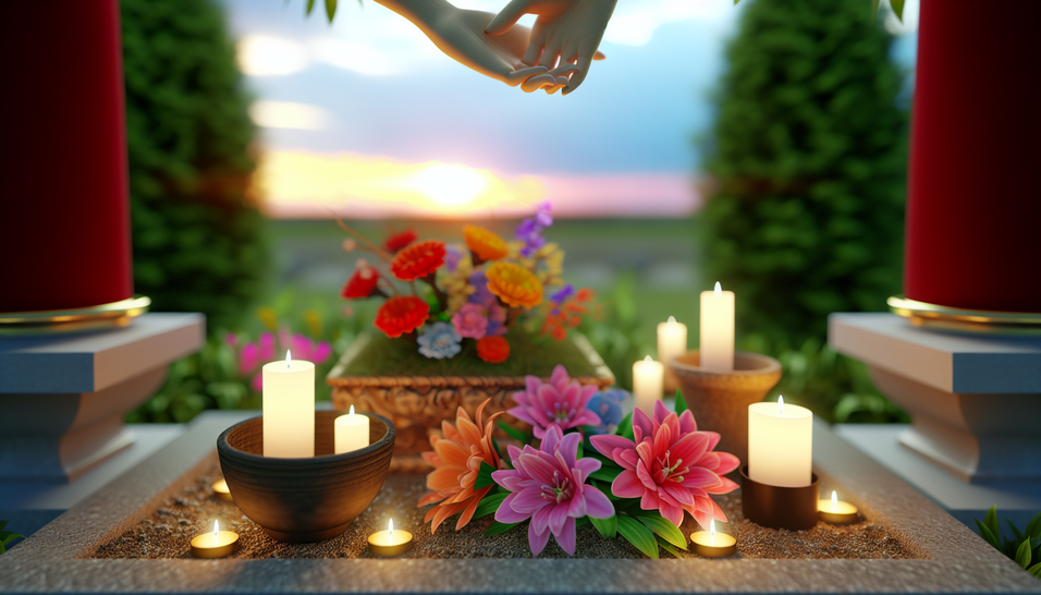 alt_text: Jardim sereno com altar, flores e velas, simbolizando apoio no contexto de cremação.