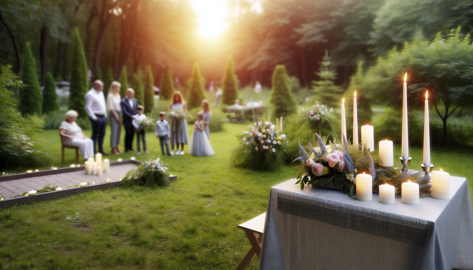 Cerimônias laicas celebram a vida em um jardim sereno, rodeadas por amor e harmonia familiar.