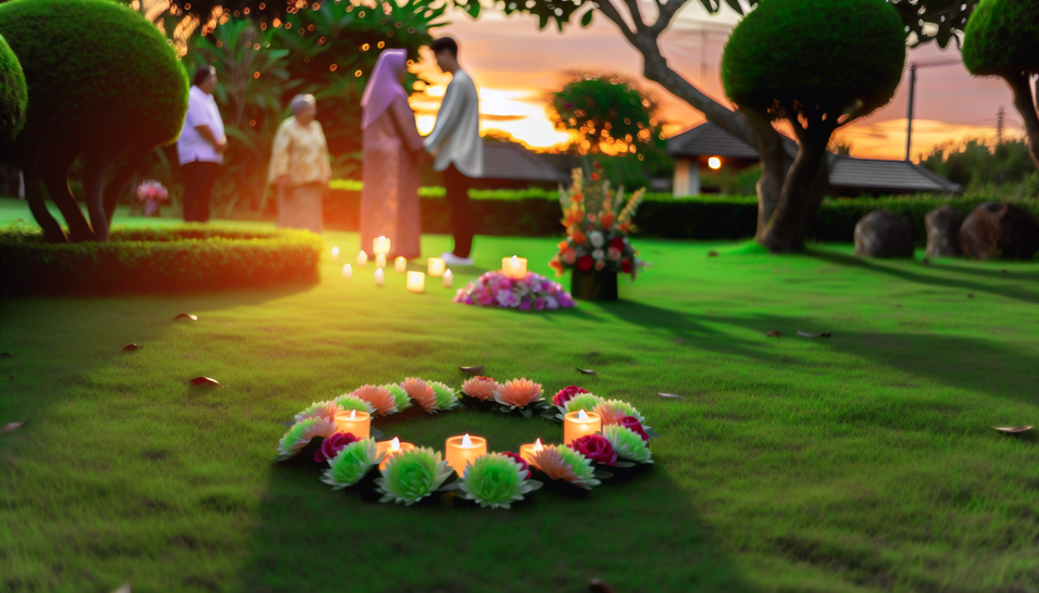 Cerimônias laicas celebram a vida em meio à serenidade de um jardim iluminado pelo pôr do sol.