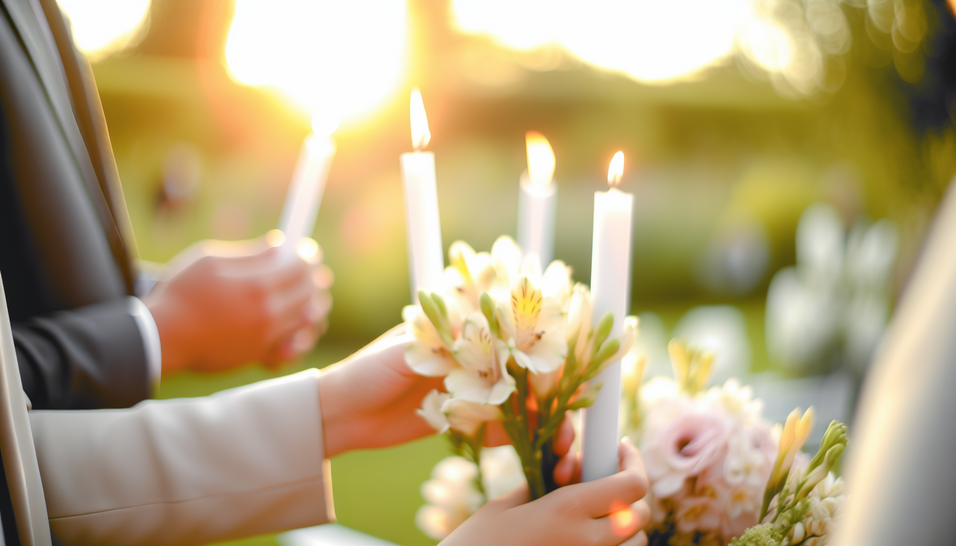 "Uma cerimônia laica ao ar livre, repleta de flores suaves e velas acesas, simboliza amor e paz."