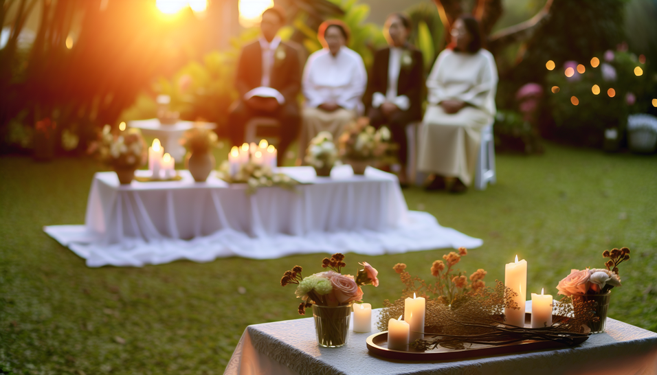 Cerimônias laicas em um jardim, com flores, velas e uma família unida em despedida.