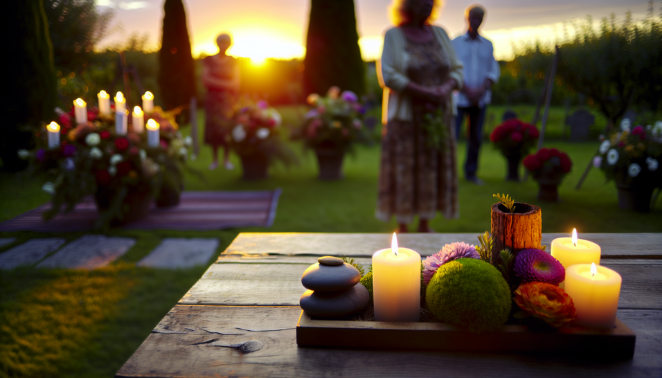 Cerimônias laicas em um jardim sereno, unindo amor e memória em luz suave e flores coloridas.