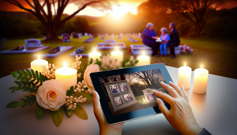 Um jardim sereno destaca memórias familiares digitais, simbolizando o legado digital com paz e amor.
