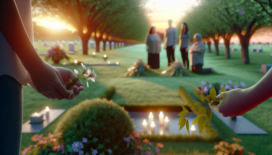 Enterro verde em cemitério sereno, luz suave, flores e família em reflexão, evocando paz.