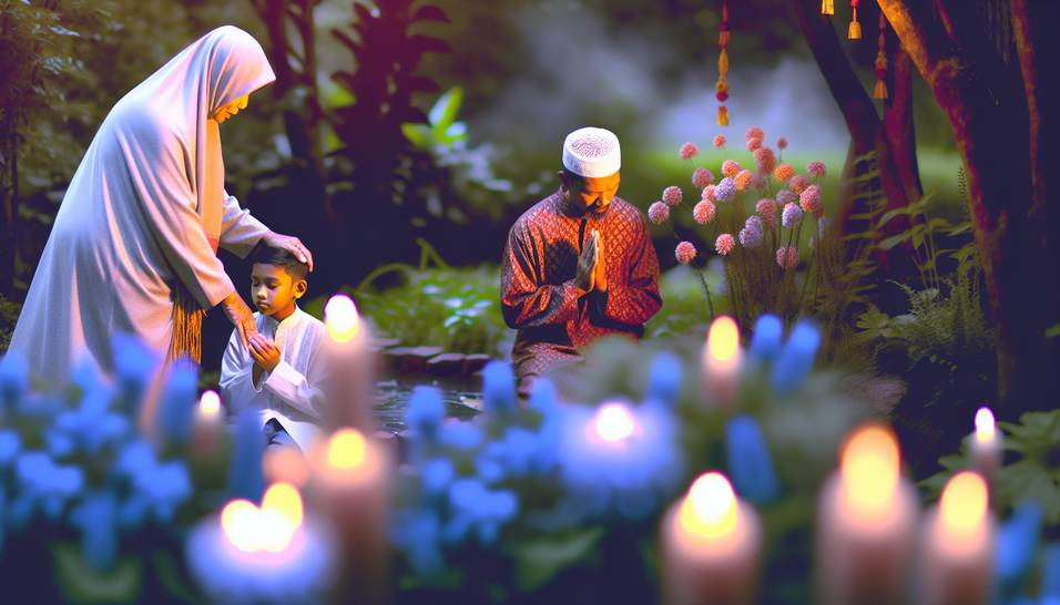 A imagem representa luto infantil, com apoio familiar em um jardim sereno ao entardecer.