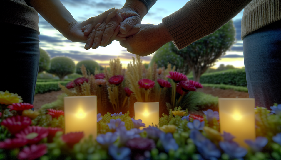 Em um jardim sereno, a imagem simboliza foco: planejamento funeral e apoio familiar.