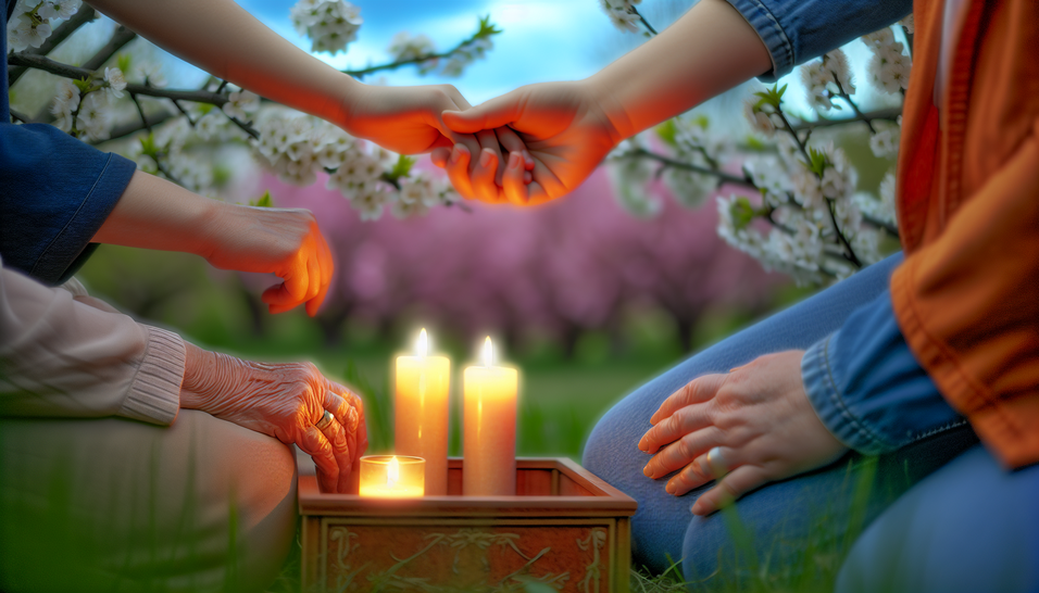 alt_text: Jardim florido com mãos entrelaçadas, representando planejamento funerário e conexão familiar.