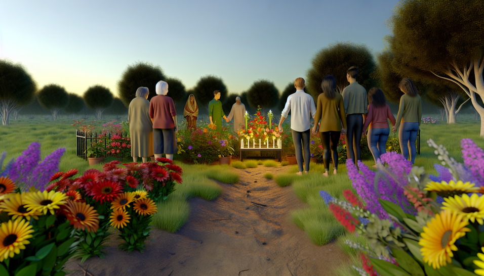 A imagem retrata um jardim sereno, evocando reflexão sobre exumações em um ambiente de paz.