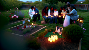 Jardim sereno ao crepúsculo, onde um memorial simboliza amor e lembrança em família.