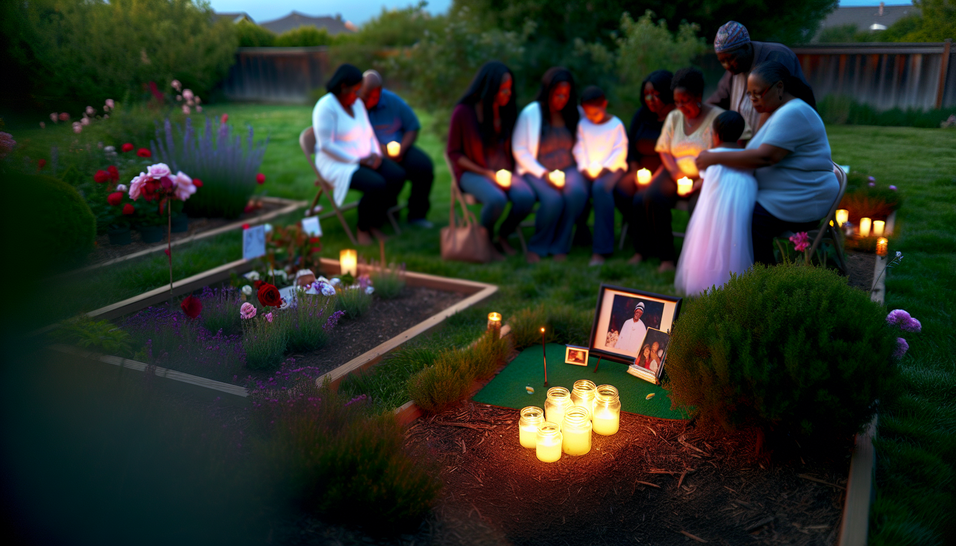 Jardim sereno ao crepúsculo, onde um memorial simboliza amor e lembrança em família.