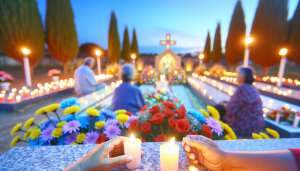 Nikos: Jardim funerário sereno em Betim, flores e velas simbolizam memória e cuidado.