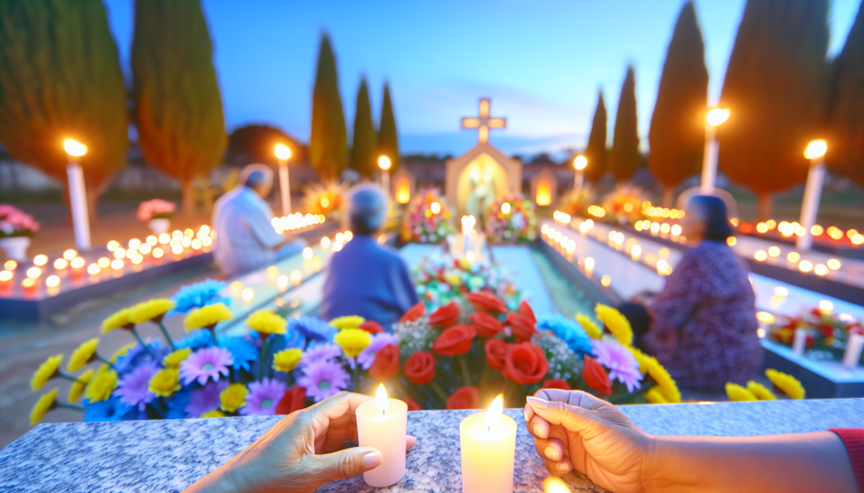 Nikos: Jardim funerário sereno em Betim, flores e velas simbolizam memória e cuidado.