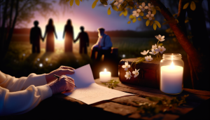 No jardim sereno, o foco é o testamento afetivo em mãos envelhecidas, simbolizando amor eterno.