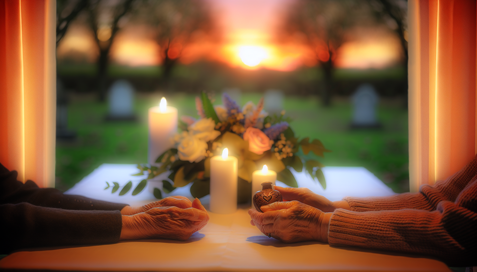 Foco: planejamento funerário em ambiente sereno, simbolizando amor e união familiar à distância.