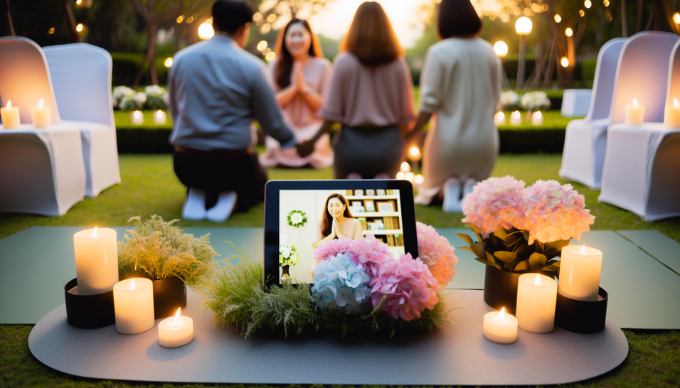 Uma cerimônia híbrida de despedida, unindo amor e lembranças em um jardim encantador ao entardecer.