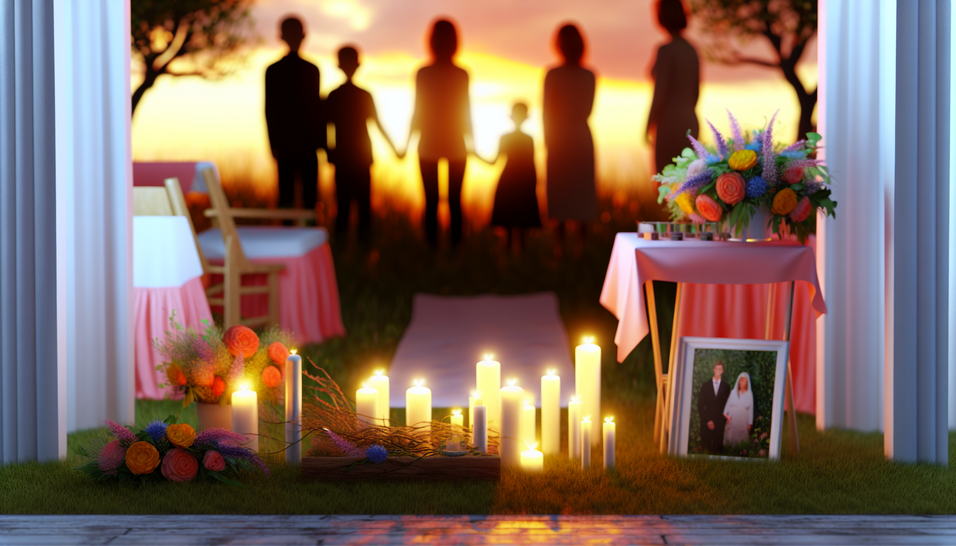 Cerimônias laicas em um jardim, celebrando a vida com amor, flores e serenidade ao pôr do sol.