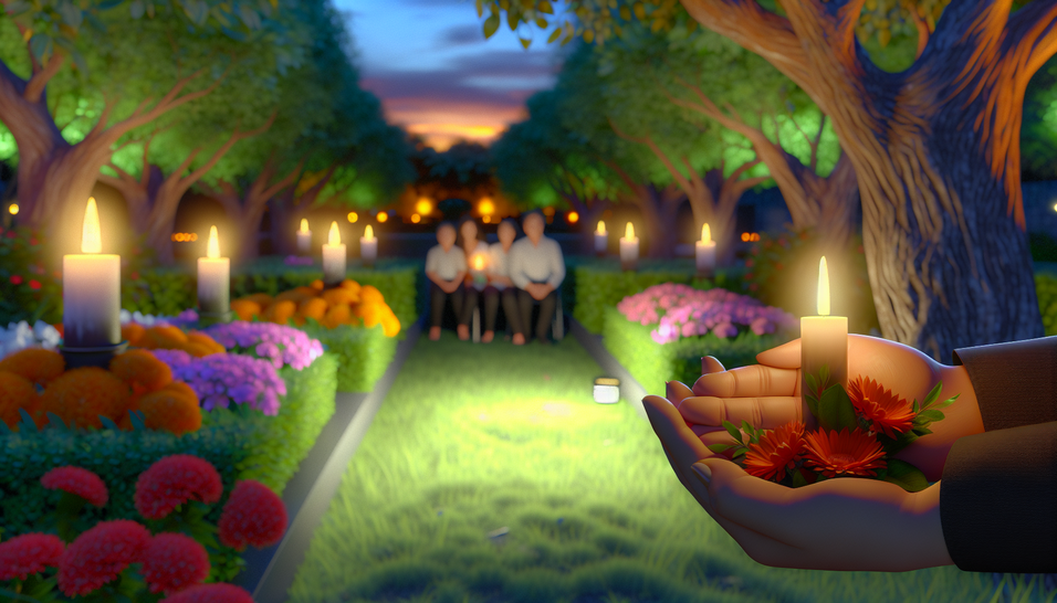 "Um jardim sereno ao crepúsculo, onde luto e amor se entrelaçam em memória e união familiar."