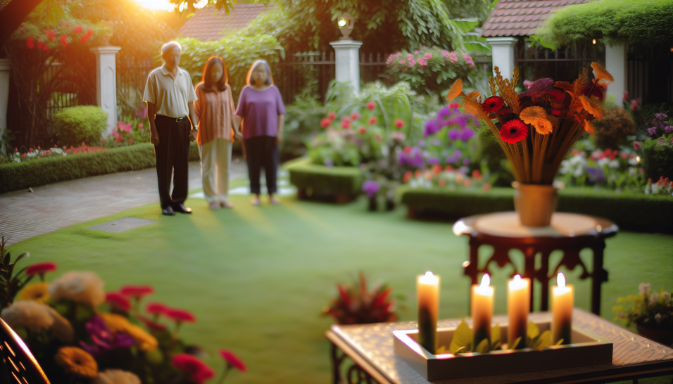 "alt_text": Jardim sereno com flores, família unida e velas, ressaltando o foco: planejamento funerário.