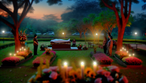 Uma cena serena de embalsamamento, no jardim, reflete paz e respeito à vida que se foi.