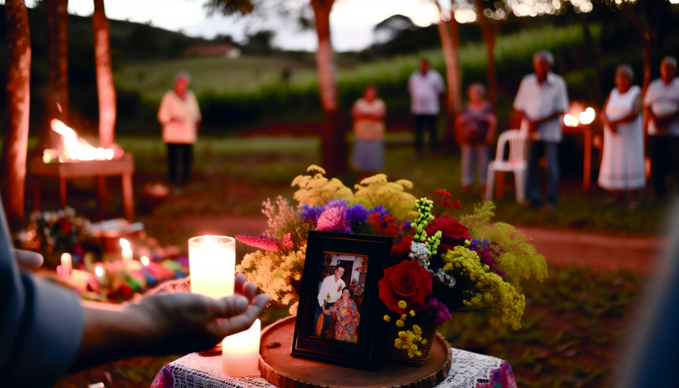 Rituais de despedida em um jardim sereno, onde memórias e amor se encontram ao entardecer.