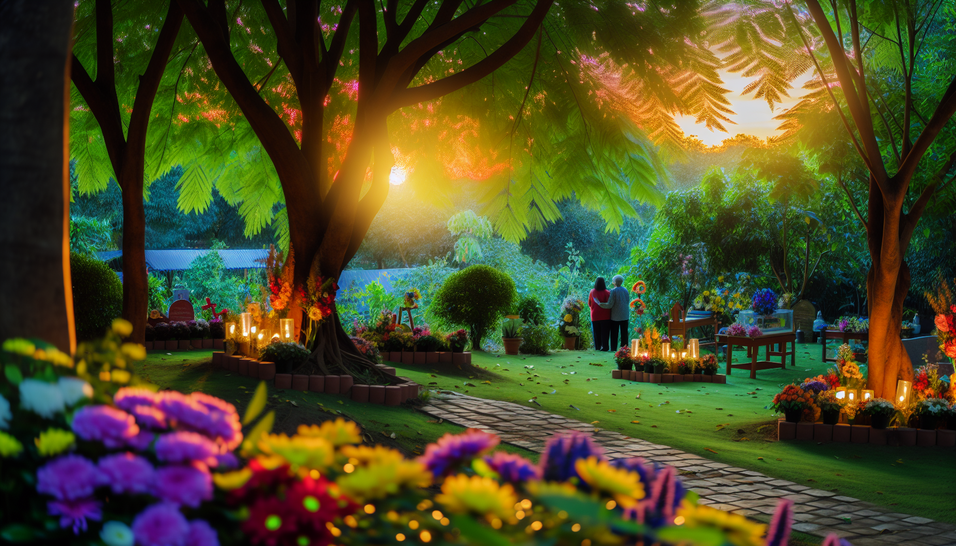 O foco do planejamento funeral é garantir momentos de paz, como nesta cena serena em um jardim.