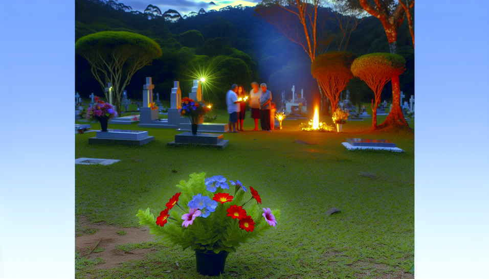 Uma cena serena reflete a celebração da vida em meio a flores e família em respeito.