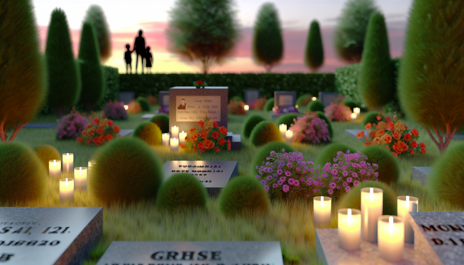 Epitáfio em um jardim sereno, onde flores celebram memórias com carinho e luz suave do entardecer.