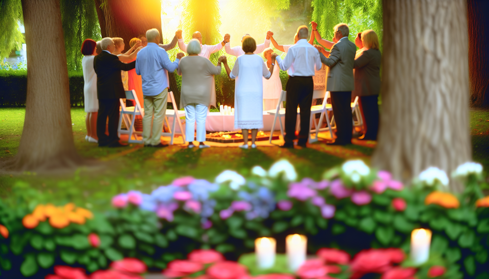 Cerimônias laicas em um jardim, celebrando a vida com amor, paz e apoio entre as pessoas.