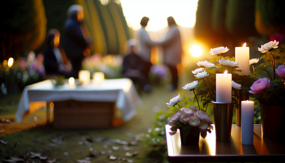 Em meio a flores, a cena reflete o foco: perda, mas com amor e união familiar.