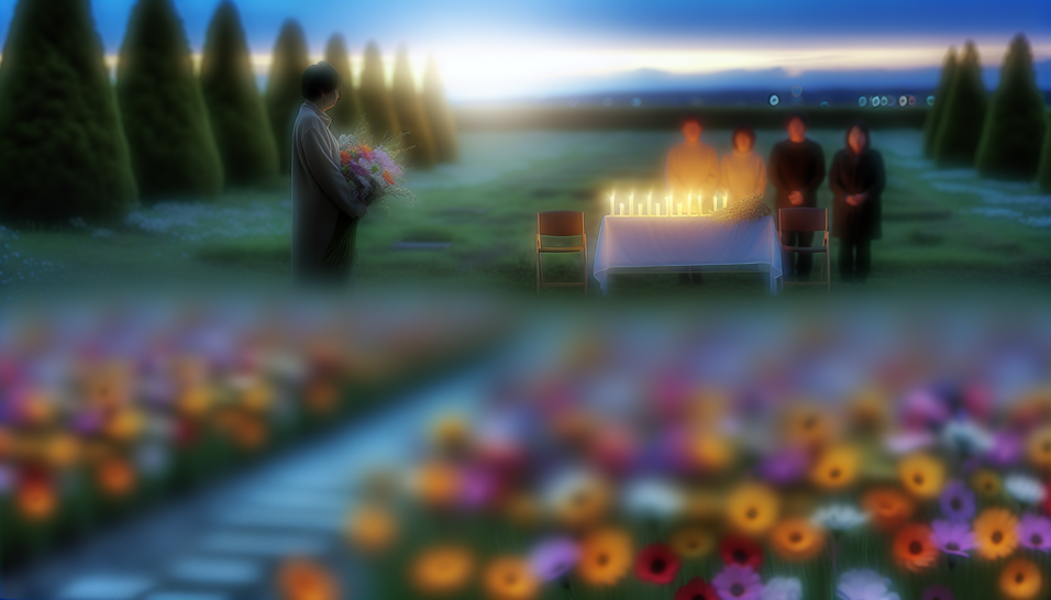 Em meio ao luto, um jardim sereno acolhe amor e apoio familiar sob a luz suave do entardecer.
