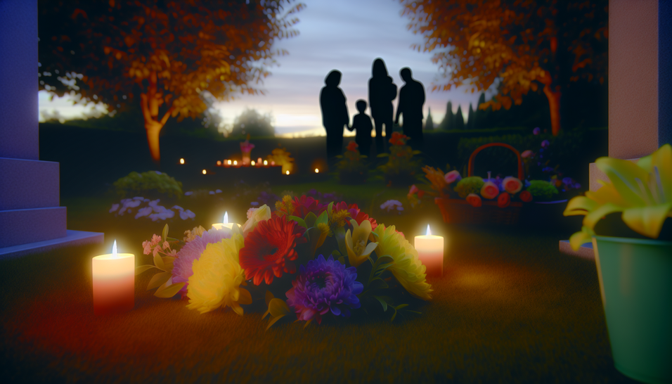 "Uma despedida do pet: um jardim sereno, flores, velas e uma família unida em amor e reflexão."