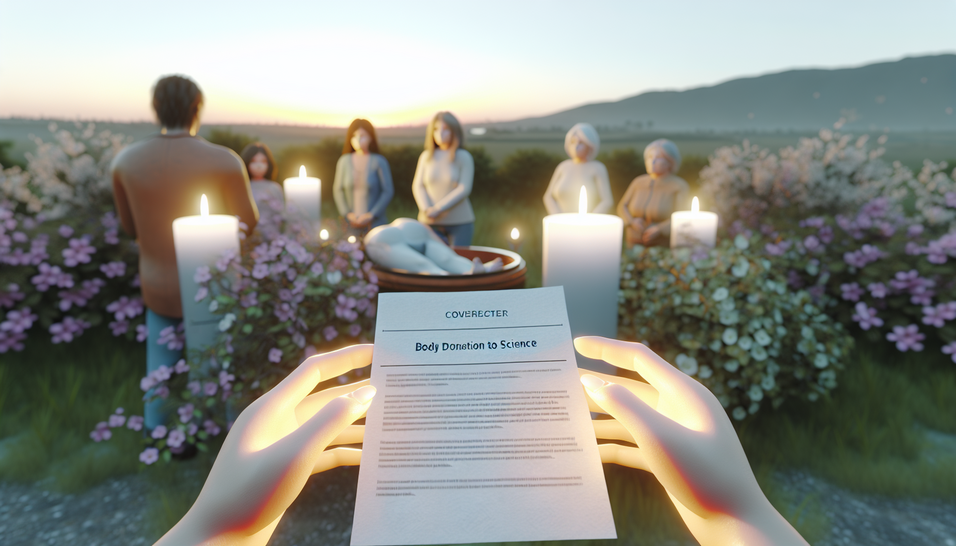 Cena serena com jardim florido, velas e família em paz, refletindo sobre a doação do corpo.