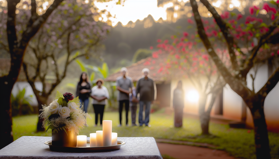 "Jardim sereno ao entardecer, simbolizando Direitos Funerários e a celebração da vida em família."