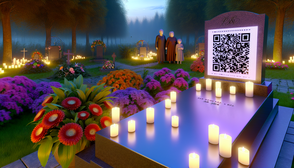 Memorial digital em um jardim sereno, flores e velas cercando o túmulo com QR Code. Paz e respeito.
