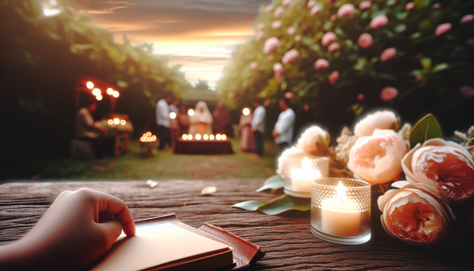 Em um jardim tranquilo, o foco é um discurso de despedida sob velas ao pôr do sol.